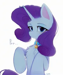 Size: 2155x2560 | Tagged: safe, artist:lerkfruitbat, derpibooru import, rarity, pony, unicorn, g4, :t, behaving like a cat, bell, bell collar, chest fluff, collar, cute, eyebrows, female, horn, image, jpeg, looking at you, mare, pony pet, purring, raribetes, raricat, signature, simple background, solo, white background