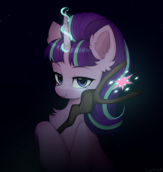 Size: 1440x1516 | Tagged: safe, artist:lerk, artist:lerkfruitbat, derpibooru import, starlight glimmer, pony, unicorn, g4, the cutie map, chest fluff, cute, cutie mark, dark, dark background, ear fluff, eyebrows, female, glimmerbetes, glow, glowing horn, holding, horn, image, looking at you, magic, mare, png, s5 starlight, signature, smiling, solo, staff, staff of sameness, three quarter view, twilight sparkle's cutie mark