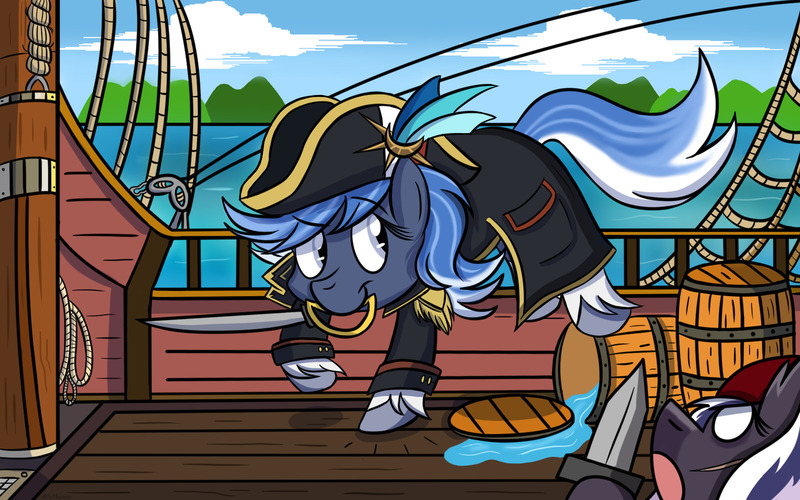 Size: 1600x1000 | Tagged: safe, artist:aleth, derpibooru import, oc, oc:jasmine, oc:riptide, unofficial characters only, bat pony, earth pony, pony, angry, barrel, clothes, cloud, cute, duo, duo female, female, hat, image, island, jacket, jpeg, mare, ocean, pirate, pirate ship, scar, ship, silly, simple background, smiling, sword, water, weapon