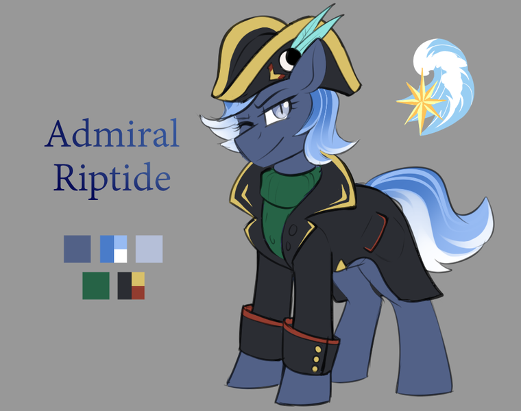 Size: 950x750 | Tagged: safe, artist:cosmalumi, derpibooru import, oc, oc:riptide, unofficial characters only, earth pony, pony, admiral, clothes, cute, cutie mark, female, gray background, hat, image, jacket, looking at you, mare, one eye closed, png, reference sheet, simple background, solo, sweater, turtleneck, wink