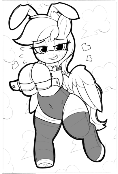 Size: 878x1287 | Tagged: safe, artist:pabbley, derpibooru import, rainbow dash, pegasus, semi-anthro, g4, bedroom eyes, bipedal, black and white, bowtie, bunny suit, clothes, cute, dashabetes, emanata, female, floating heart, grayscale, grin, heart, hooves together, image, looking at you, monochrome, necktie, plewds, png, simple background, smiling, smiling at you, socks, solo, standing, standing on one leg, stockings, thigh highs, white background, wide hips