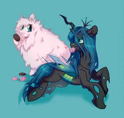 Size: 4200x4000 | Tagged: safe, artist:k0potb, derpibooru import, queen chrysalis, oc, oc:fluffle puff, changeling, changeling queen, fluffy pony, pony, canon x oc, cookie, duo, duo female, female, fluffy, food, image, looking at each other, looking at someone, lying down, mouth hold, png, simple background