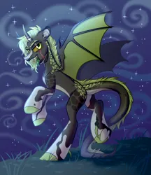 Size: 3800x4400 | Tagged: oc name needed, safe, artist:k0potb, derpibooru import, oc, unofficial characters only, hybrid, pony, bat wings, coat markings, grass, image, night, png, scar, solo, stars, wings