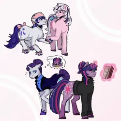 Size: 2500x2500 | Tagged: safe, artist:slapearl, derpibooru import, glory, rarity, twilight (g1), twilight sparkle, twilight sparkle (alicorn), alicorn, pony, unicorn, g1, 2024, abstract background, alternate timeline, book, clothes, female, glasses, helmet, holding hooves, image, jpeg, lesbian, levitation, magic, mare, nightmare takeover timeline, question mark, roller skates, round glasses, ship:rarilight, shipping, skates, sweater, telekinesis, thought bubble, turtleneck, unicorn twilight