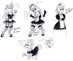 Size: 1200x1007 | Tagged: safe, artist:sepiakeys, derpibooru import, big macintosh, granny smith, nurse coldheart, nurse snowheart, teddie safari, anthro, pony, unguligrade anthro, g5, clothes, image, maid, monochrome, opaline arcana, png