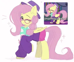 Size: 1977x1670 | Tagged: safe, alternate version, artist:lerkfruitbat, derpibooru import, fluttershy, pegasus, pony, fake it 'til you make it, g4, alternate hairstyle, clothes, dissonant caption, ear fluff, female, folded wings, glasses, hat, hipstershy, image, looking at you, mare, meme, one eye closed, png, scarf, screencap reference, shoplifting, simple background, smiling, smiling at you, solo, tail, text, white background, wings, wink, winking at you