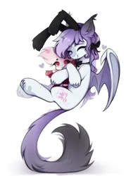 Size: 1894x2499 | Tagged: safe, artist:lerkfruitbat, derpibooru import, oc, unofficial characters only, bat pony, pony, angel dust (hazbin hotel), bat pony oc, bat wings, bow, bowtie, bunny ears, ear fluff, ear tufts, eyes closed, female, flying, hair bow, hazbin hotel, hellaverse, hug, image, mare, necktie, plushie, png, simple background, smiling, solo, spread wings, tail, white background, wings