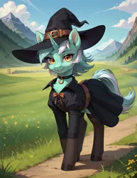 Size: 987x1280 | Tagged: safe, ai content, derpibooru import, machine learning generated, prompter:lagerai, stable diffusion, lyra heartstrings, pony, unicorn, bedroom eyes, chest fluff, choker, clothes, cloud, dress, ear fluff, female, field, generator:pony diffusion v6 xl, hat, horn, image, jpeg, looking at you, mare, mountain, path, sky, smiling, smiling at you, socks, solo, stockings, thigh highs, walking, witch, witch hat