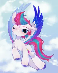 Size: 2404x3000 | Tagged: safe, artist:astralblues, derpibooru import, zipp storm, pegasus, pony, g5, blushing, chest fluff, cloud, colored wings, ear fluff, female, flying, gradient wings, image, mare, multicolored wings, one ear down, one eye closed, outdoors, png, sky, solo, spread wings, unshorn fetlocks, wings