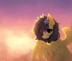 Size: 1933x1620 | Tagged: oc name needed, safe, alternate version, artist:lerk, artist:lerkfruitbat, derpibooru import, oc, unofficial characters only, pegasus, pony, blushing, cloud, ear fluff, female, flower, flower in hair, image, looking at you, looking back, looking back at you, mare, pegasus oc, png, sky, smiling, smiling at you, solo, spread wings, wings