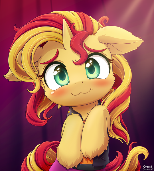 Size: 2160x2400 | Tagged: safe, artist:symbianl, derpibooru import, sunset shimmer, pony, unicorn, g4, :3, blushing, clothes, cute, daaaaaaaaaaaw, ear fluff, equestria girls outfit, female, floppy ears, fluffy, high res, hnnng, horn, image, looking at you, mare, png, shimmerbetes, smiling, smiling at you, solo, symbianl is trying to murder us, weapons-grade cute