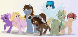 Size: 4096x1948 | Tagged: safe, artist:slapearl, derpibooru import, oc, unofficial characters only, earth pony, pegasus, pony, unicorn, blue coat, brown coat, cream coat, earth pony oc, female, gradient background, group, headphones, horn, image, jpeg, male, mare, mare oc, pegasus oc, pink coat, purple coat, stallion, stallion oc, unicorn oc, wings