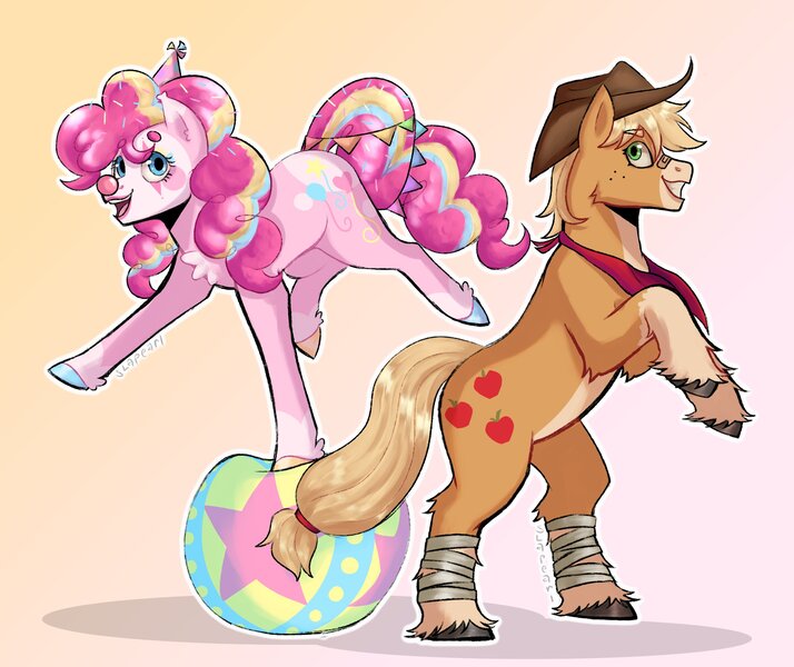 Size: 2500x2100 | Tagged: safe, artist:slapearl, derpibooru import, applejack, pinkie pie, earth pony, pony, alternate design, duo, duo female, female, gradient background, image, jpeg, mare, open mouth, open smile, rearing, redesign, smiling, twitterina design