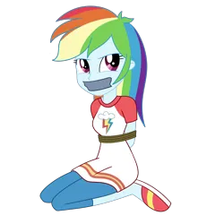 Size: 2000x2000 | Tagged: safe, artist:nie-martw-sie-o-mnie, derpibooru import, rainbow dash, human, equestria girls, g4, bondage, clothes, dashsub, female, femsub, gag, image, kneeling, pajamas, png, rope, rope bondage, simple background, slippers, solo, submissive, tape, tape gag, transparent background