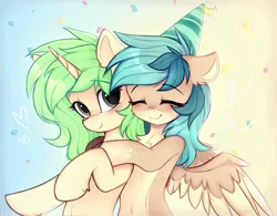 Size: 2560x1996 | Tagged: safe, artist:lerkfruitbat, derpibooru import, oc, oc:c-3301, oc:peacher, unofficial characters only, pegasus, pony, unicorn, confetti, cute, duo, duo female, eyebrows, eyebrows visible through hair, eyes closed, female, hat, heart, horn, hug, image, jpeg, mare, ocbetes, party hat, pegasus oc, smiling, spread wings, unicorn oc, wings