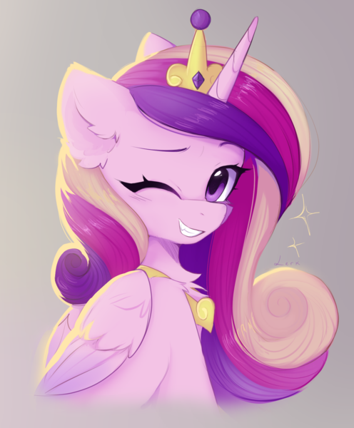 Size: 1528x1848 | Tagged: safe, artist:lerkfruitbat, derpibooru import, princess cadance, alicorn, pony, g4, crown, cute, cutedance, eyebrows, female, folded wings, gradient background, grin, image, jewelry, lerkfruitbat, looking at you, mare, one eye closed, peytral, png, regalia, signature, smiling, smiling at you, solo, wings, wink, winking at you