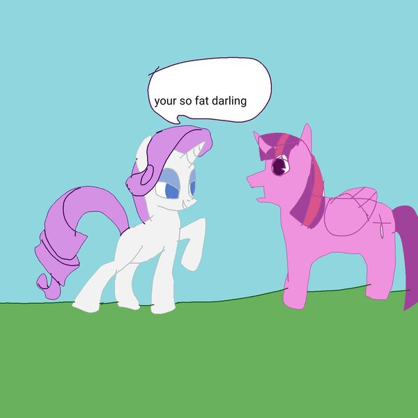 Size: 1378x1378 | Tagged: safe, derpibooru import, rarity, twilight sparkle, alicorn, pony, unicorn, g4, 1000 hours in ms paint, blue sky, duo, female, grass, horn, image, insult, jpeg, mare, missing cutie mark, quality, raised hoof, stylistic suck