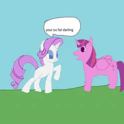 Size: 1378x1378 | Tagged: safe, derpibooru import, rarity, twilight sparkle, alicorn, pony, unicorn, g4, 1000 hours in ms paint, blue sky, duo, female, grass, horn, image, insult, jpeg, mare, missing cutie mark, quality, raised hoof, stylistic suck