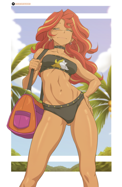 Size: 1674x2550 | Tagged: suggestive, alternate version, artist:rambon7, derpibooru import, sunset shimmer, human, equestria girls, g4, 2d, bag, belly, belly button, bikini, bikini bottom, bikini top, breasts, clothes, cloud, concave belly, duffle bag, ear piercing, earring, female, fingernails, hand on hip, image, jewelry, legs, midriff, nails, palm tree, passepartout, patreon, patreon logo, piercing, png, sky, solo, swimsuit, thighs, tree, underass