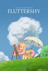 Size: 3200x4800 | Tagged: safe, artist:symbianl, derpibooru import, fluttershy, pegasus, pony, g4, absurd resolution, cloud, crossover, easel, female, folded wings, grass, image, looking at something, mare, mouth hold, movie poster, outdoors, paintbrush, painting, parody, png, poster, poster parody, profile, sky, solo, standing, studio ghibli, the wind rises, umbrella, wind, windswept mane, wings