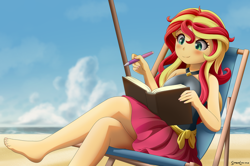 Size: 3000x2000 | Tagged: safe, artist:symbianl, derpibooru import, sunset shimmer, human, equestria girls, g4, barefoot, beach, beach chair, blushing, book, chair, crossed legs, feet, female, high res, image, nail polish, outdoors, png, reclining, sitting, solo, sunset's journal, toenail polish