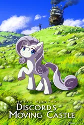 Size: 1600x2400 | Tagged: safe, alternate version, artist:symbianl, derpibooru import, rarity, pony, unicorn, g4, alternate hair color, anime, cloud, cover art, cursed, female, grass, grey hair, hayao miyazaki, horn, howl's moving castle, image, mare, messy mane, outdoors, parody, png, rock, scarecrow, sky, solo, studio ghibli, turnip head