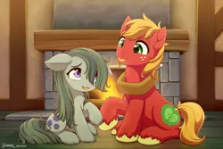 Size: 2400x1600 | Tagged: safe, artist:symbianl, derpibooru import, big macintosh, marble pie, earth pony, pony, g4, cute, duo, duo male and female, female, fireplace, freckles, image, indoors, looking at each other, looking at someone, macabetes, male, marblebetes, marblemac, mare, open mouth, png, shipping, sitting, stallion, straight, tail, unshorn fetlocks