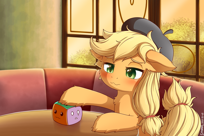 Size: 2400x1600 | Tagged: safe, artist:symbianl, derpibooru import, applejack, pony, g4, how applejack got her hat back, my little pony: pony life, spoiler:pony life s01e04, beret, blushing, cute, female, fluffy, freckles, g4.5 to g4, generation leap, hat, image, indoors, jackabetes, mare, png, sad, scene interpretation, sitting, solo, squishy cube