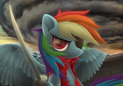 Size: 7500x5250 | Tagged: safe, artist:symbianl, derpibooru import, rainbow dash, pegasus, pony, g4, absurd resolution, clothes, eyepatch, female, image, mare, ocean, outdoors, pirate, pirate dash, png, ship, solo, spread wings, storm, sword, water, weapon, wings