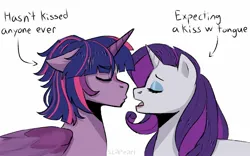 Size: 1600x1000 | Tagged: safe, artist:slapearl, derpibooru import, rarity, twilight sparkle, twilight sparkle (alicorn), alicorn, pony, unicorn, duo, duo female, english, eyes closed, female, horn, image, imminent kissing, jpeg, lesbian, mare, ship:rarilight, shipping, simple background, white background