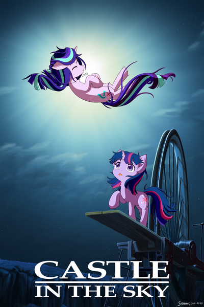 Size: 3200x4800 | Tagged: safe, artist:symbianl, derpibooru import, starlight glimmer, twilight sparkle, pony, unicorn, g4, castle in the sky, duo, duo female, eyes closed, female, high res, horn, image, mare, movie poster, open mouth, parody, png, poster, poster parody, raised hoof, unicorn twilight