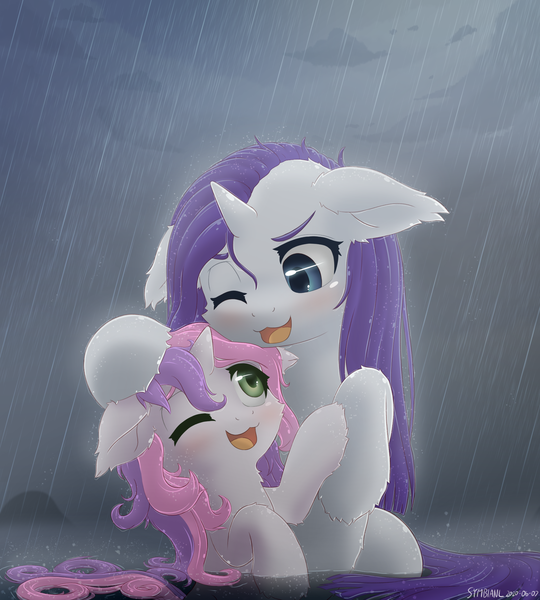 Size: 1800x2000 | Tagged: safe, artist:symbianl, derpibooru import, rarity, sweetie belle, pony, unicorn, g4, belle sisters, blushing, cute, diasweetes, duo, duo female, female, filly, floppy ears, foal, horn, image, looking at each other, looking at someone, mare, one eye closed, open mouth, open smile, outdoors, partially submerged, png, rain, raribetes, siblings, sisters, smiling, smiling at each other, water, wet, wet mane, wink