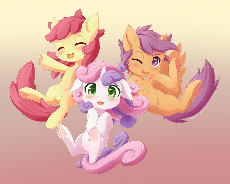 Size: 2250x1800 | Tagged: safe, artist:symbianl, derpibooru import, apple bloom, scootaloo, sweetie belle, earth pony, pegasus, pony, unicorn, g4, adorabloom, blank flank, blushing, cute, cutealoo, cutie mark crusaders, cutie mark cuties, diasweetes, eyes closed, female, filly, floppy ears, foal, frog (hoof), gradient background, horn, image, looking at you, one eye closed, open mouth, open smile, png, smiling, smiling at you, spread wings, trio, trio female, underhoof, wings, wink, winking at you