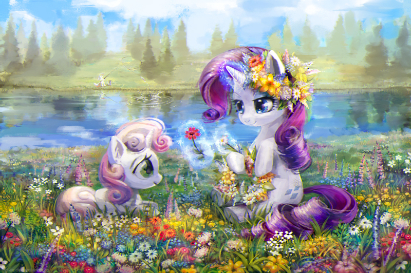 Size: 1100x731 | Tagged: safe, artist:son-trava, derpibooru import, rarity, sweetie belle, oc, oc:marussia, ponified, earth pony, pony, unicorn, g4, beautiful, belle sisters, color porn, description in comments, duo focus, eyeshadow, female, filly, fishing, floral head wreath, flower, foal, glow, glowing horn, grass, horn, image, jpeg, lake, levitation, lying down, magic, magic aura, makeup, mare, meadow, nation ponies, outdoors, prone, russia, scenery, scenery porn, siblings, sisters, sitting, telekinesis, trio, water