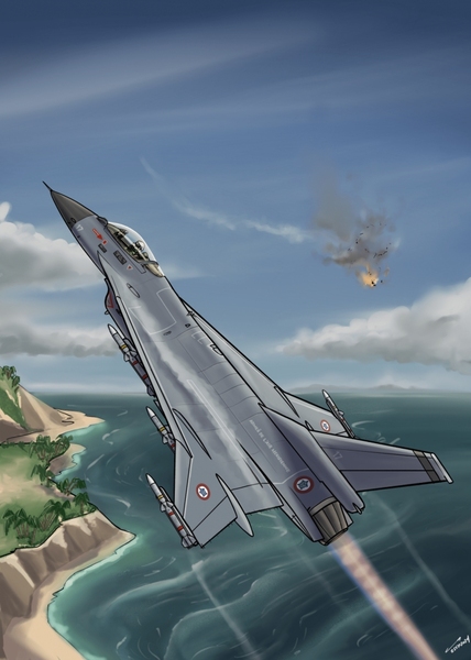 Size: 730x1024 | Tagged: safe, artist:buckweiser, derpibooru import, equestria at war mod, barely pony related, cloud, f-16xl, fighter plane, image, jet, jet fighter, jpeg, no pony, ocean, plane, sand, sky, tree, water