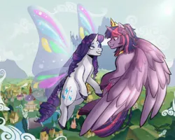 Size: 2500x2000 | Tagged: safe, artist:slapearl, derpibooru import, rarity, twilight sparkle, twilight sparkle (alicorn), alicorn, fairy, pony, butterfly wings, canterlot, duo, duo female, female, flying, gossamer wings, image, jpeg, lesbian, lips, looking at each other, looking at someone, mare, ponyville, ponyville town hall, scenery, ship:rarilight, shipping, smiling, wings