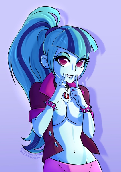 Size: 1200x1700 | Tagged: questionable, artist:edgyanimator, derpibooru import, sonata dusk, human, equestria girls, g4, adorasexy, blue hair, blue skin, breasts, busty sonata dusk, clothes, cute, derpibooru exclusive, digital art, eyeshadow, female, firealpaca, gem, gradient background, hairband, image, jacket, jewelry, jpeg, looking at you, magenta eyes, makeup, necklace, nipples, nudity, partial nudity, pendant, ponytail, rainbow rocks 10th anniversary, sexy, siren gem, smiling, smiling at you, solo, solo female, stupid sexy sonata dusk