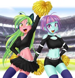 Size: 4283x4456 | Tagged: suggestive, anonymous editor, artist:uotapo, edit, lemon zest, sunny flare, equestria girls, blacked, cheerleader outfit, clothes, image, png