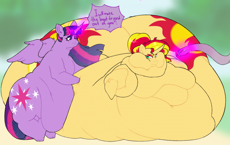 Size: 2417x1524 | Tagged: questionable, artist:sleepyhead_spoosha, derpibooru import, sunset shimmer, twilight sparkle, twilight sparkle (alicorn), alicorn, pony, unicorn, belly, big belly, bingo wings, butt, chubby cheeks, duo, duo female, fat, fat fetish, feeding tube, female, fetish, glow, glowing horn, horn, huge belly, huge butt, image, immobile, impossibly large butt, large butt, magic, morbidly obese, neck roll, obese, png, rolls of fat, slobset shimmer, telekinesis, twilard sparkle