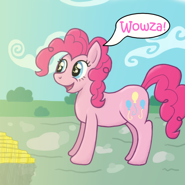 Size: 1024x1024 | Tagged: safe, artist:sewaddle36, derpibooru import, pinkie pie, earth pony, pony, g4, bits, derpibooru exclusive, female, gold, happy, image, png, smiling, solo, speech bubble, text