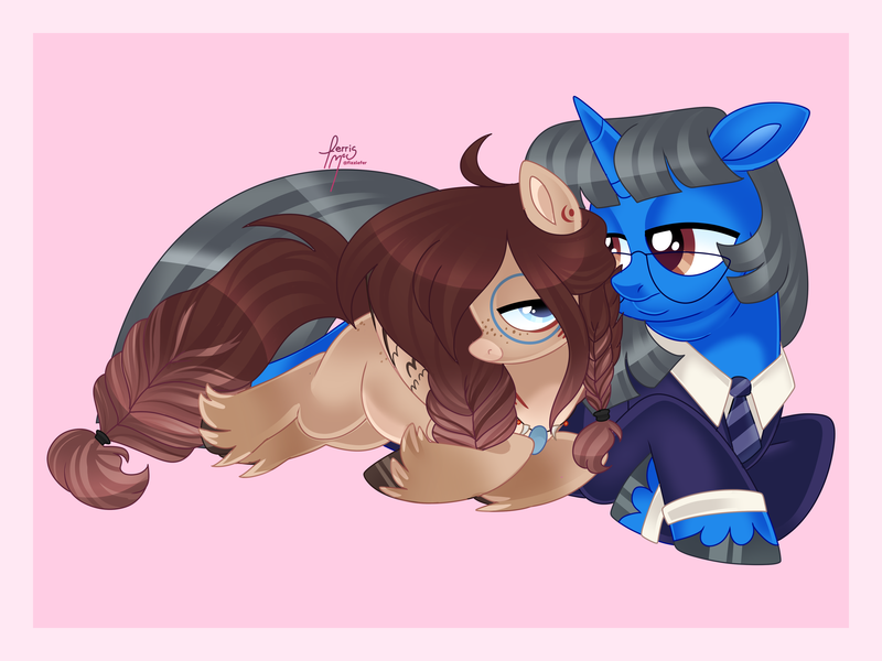 Size: 4000x3000 | Tagged: safe, artist:fizzlefer, derpibooru import, oc, oc:mint petal, oc:ondrea, unofficial characters only, pegasus, pony, unicorn, clothes, cuddling, duo, glasses, horn, image, jewelry, looking at each other, looking at someone, necklace, necktie, png, ship, simple background, suit, unshorn fetlocks