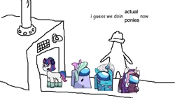 Size: 3000x1680 | Tagged: safe, artist:josephthedumbimpostor, derpibooru import, flitter, violette rainbow, unicorn, g4, g5, among us, cassette jam, comet (g5), horn, image, meme, png, triangle factory meme