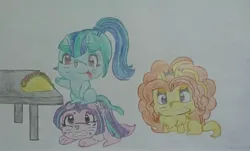 Size: 2949x1777 | Tagged: safe, artist:tom artista, derpibooru import, adagio dazzle, aria blaze, sonata dusk, cat, g4, animal, animal in mlp form, catified, drawing, female, food, image, jpeg, species swap, table, taco, taco tuesday, the dazzlings, traditional art, trio, trio female