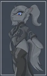 Size: 500x800 | Tagged: safe, artist:higherarch, derpibooru import, oc, oc:violet nebula, unofficial characters only, changeling, bipedal, blushing, border, changeling oc, clothes, curved horn, dress, ear blush, eyeshadow, horn, image, looking at you, looking down, looking down at you, makeup, monochrome, png, ponytail, shine, simple background, simple shading, sketch, slit pupils, smiling, smirk, socks, solo, strutting, thigh highs