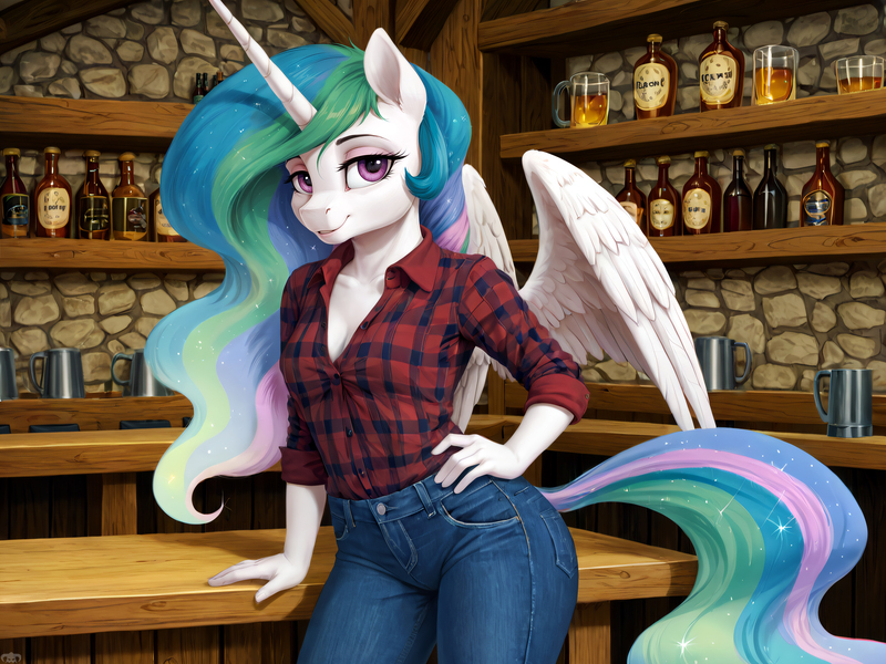 Size: 1920x1440 | Tagged: safe, ai content, derpibooru import, machine learning assisted, prompter:dovakkins, princess celestia, alicorn, anthro, pony, g4, bar, bedroom eyes, breasts, busty princess celestia, cleavage, clothes, cute, denim, female, hand on hip, horn, image, jeans, jpeg, mare, missing accessory, pants, plaid shirt, pub, shirt, tail, watermark, wavy mane, wavy tail, wide hips, wings