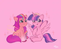 Size: 1440x1161 | Tagged: safe, artist:petaltwinkle, derpibooru import, sunny starscout, twilight sparkle, twilight sparkle (alicorn), alicorn, earth pony, pony, g4, g5, my little pony: a new generation, duo, duo female, female, image, jpeg, looking at someone, mane stripe sunny, mare, pink background, race swap, signature, simple background, smiling, spread wings, sunny and her heroine, sunnycorn, wings