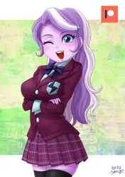 Size: 847x1200 | Tagged: safe, artist:uotapo, derpibooru import, diamond tiara, equestria girls, g4, blushing, bowtie, breasts, busty diamond tiara, clothes, crossed arms, crystal prep academy uniform, image, jacket, jpeg, looking at you, necktie, older, older diamond tiara, one eye closed, plaid skirt, school uniform, skirt, socks, solo, stockings, thigh highs, thigh socks, wink, winking at you