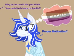 Size: 1600x1200 | Tagged: safe, artist:silverfishv9, derpibooru import, oc, oc:azure star (silverfishv9), unofficial characters only, pony, unicorn, blue eyes, blue mane, circlet, clothes, dialogue, dress, element of laughter, female, highlights, horn, image, implied twilight sparkle, jpeg, lesbian, lesbian pride flag, magical lesbian spawn, mare, offspring, parent:princess celestia, parent:princess luna, parents:princest, pride, pride flag, product of incest, simple background, sitting, solo, thought bubble, transbian pride flag, unicorn oc, white coat