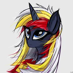 Size: 2480x2480 | Tagged: safe, artist:easy8, derpibooru import, oc, oc:velvet remedy, unofficial characters only, pony, unicorn, fallout equestria, blue eyes, bust, fanfic art, female, gray background, horn, image, jpeg, mare, simple background, smiling, solo