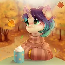 Size: 2749x2749 | Tagged: safe, artist:melodylibris, derpibooru import, oc, unofficial characters only, pony, unicorn, autumn, blushing, chocolate, clothes, ear blush, eye clipping through hair, falling leaves, female, food, horn, hot chocolate, image, jpeg, leaves, looking up, mare, solo, striped sweater, sweater, tree, turtleneck, whipped cream